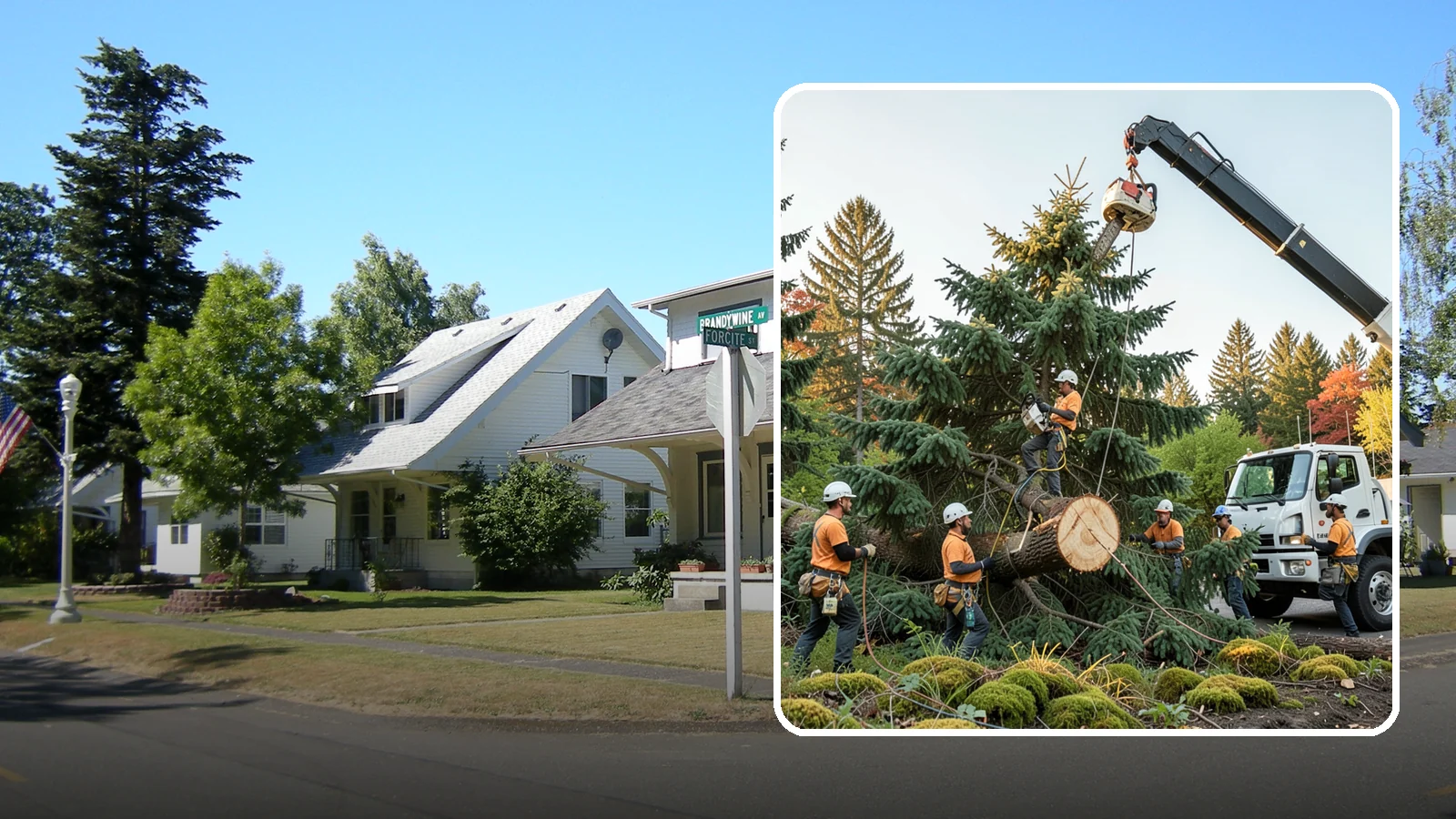 Crane-assisted tree removal in DuPont, Pierce County, WA - The removal of trees using a crane to lift sections clear of obstacles.
