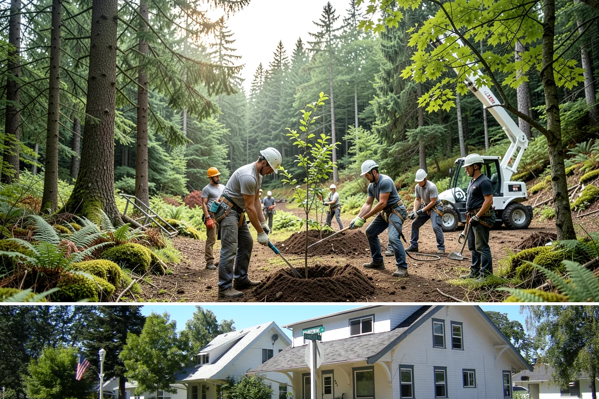 Crane-assisted tree removal in DuPont, Pierce County, WA - This service can be performed year-round in Puget Sound weather but requires careful planning during wet seasons to manage ground...