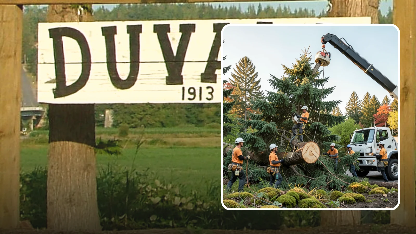 Crane-assisted tree removal in Duvall, King County, WA - The removal of trees using a crane to lift sections clear of obstacles.