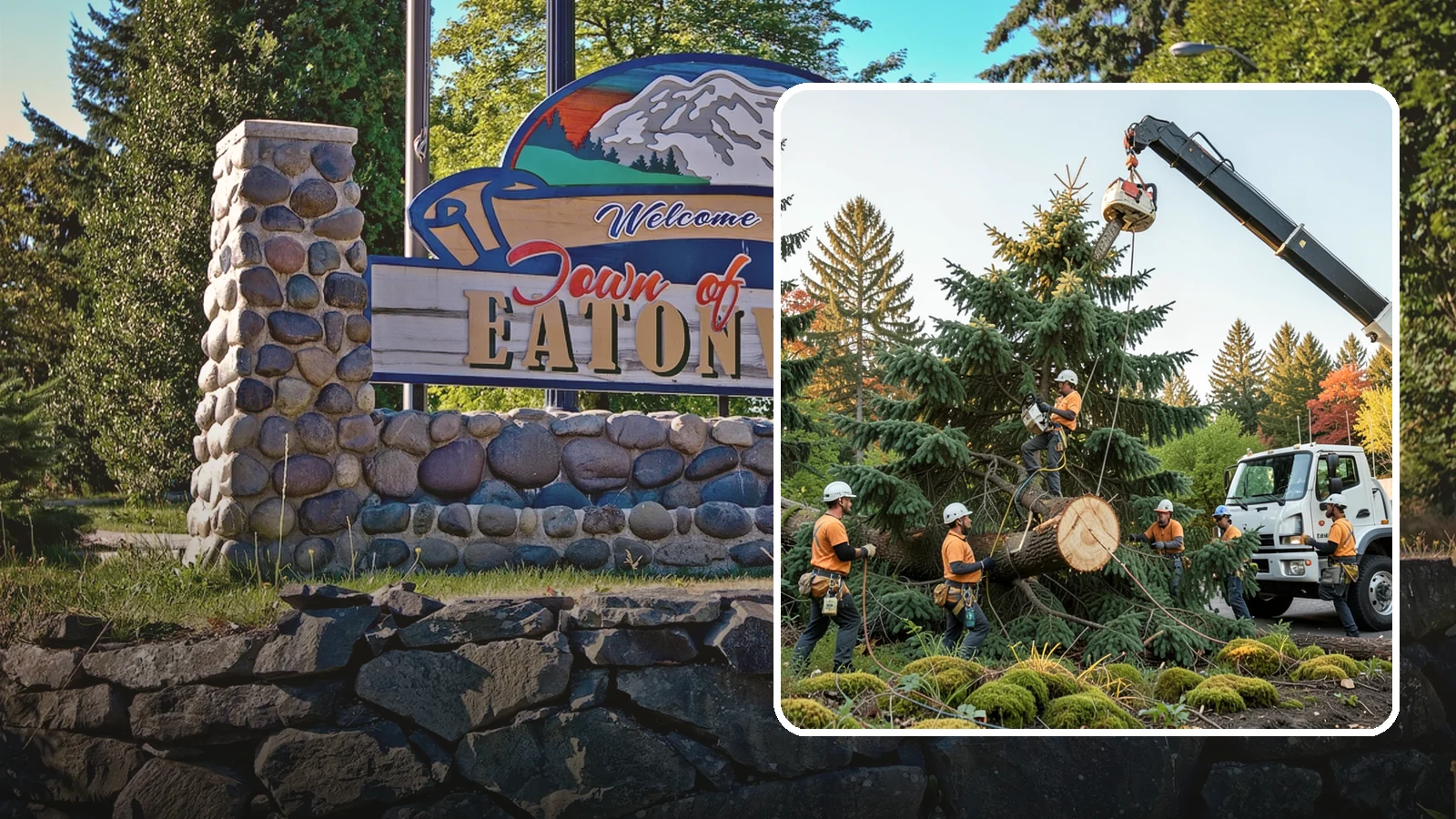 Crane-assisted tree removal in Eatonville, Pierce County, WA - The removal of trees using a crane to lift sections clear of obstacles.