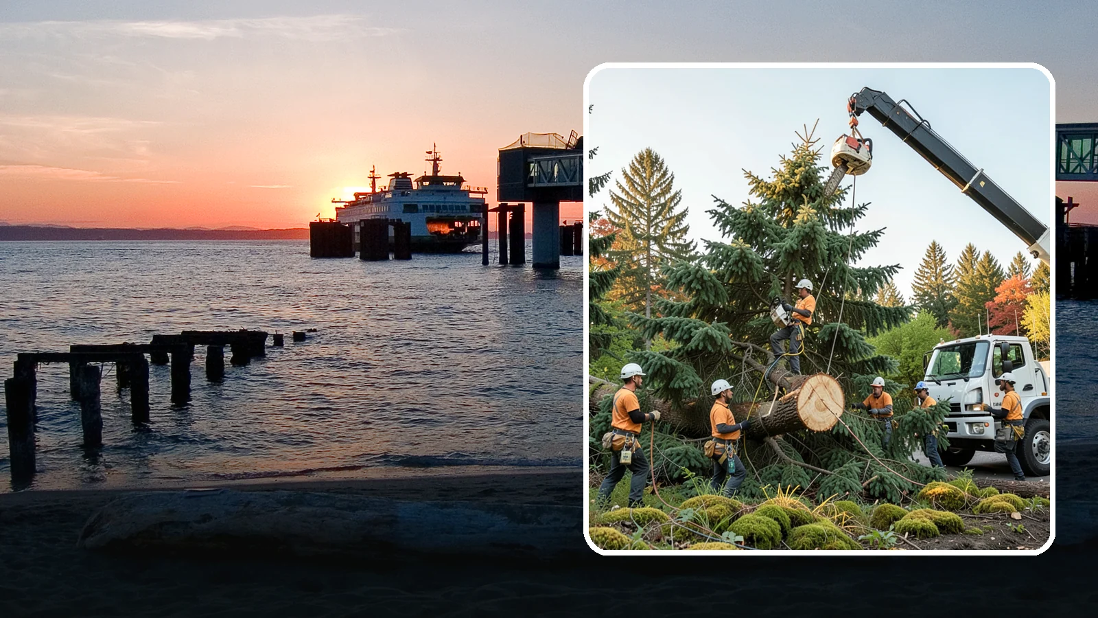Crane-assisted tree removal in Edmonds, Snohomish County, WA - The removal of trees using a crane to lift sections clear of obstacles.