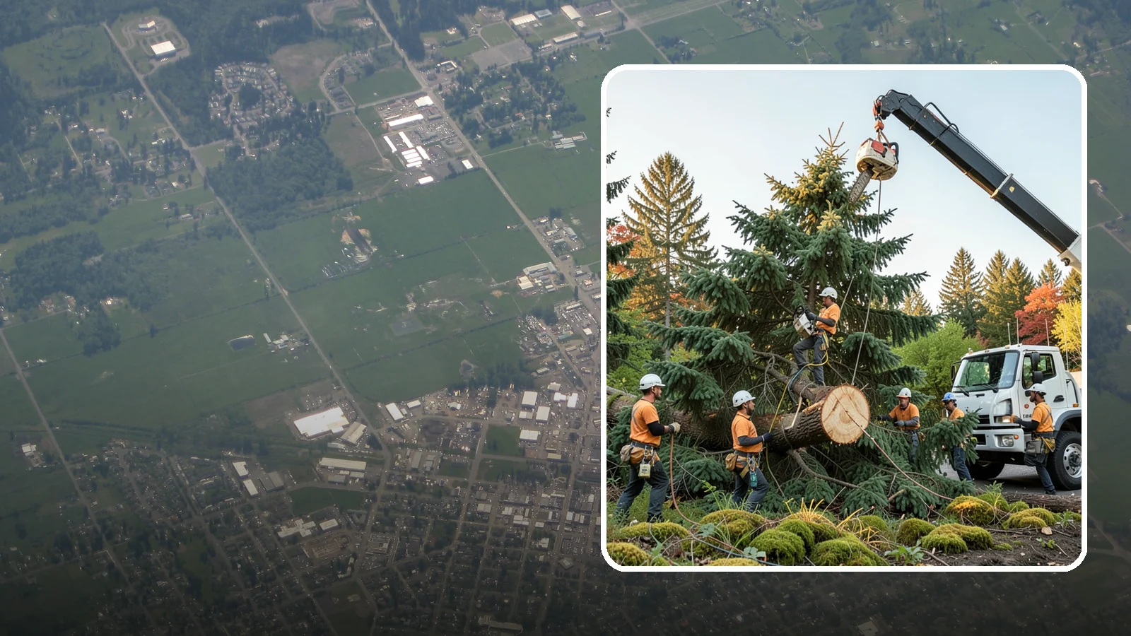Crane-assisted tree removal in Enumclaw, King County, WA - The removal of trees using a crane to lift sections clear of obstacles.