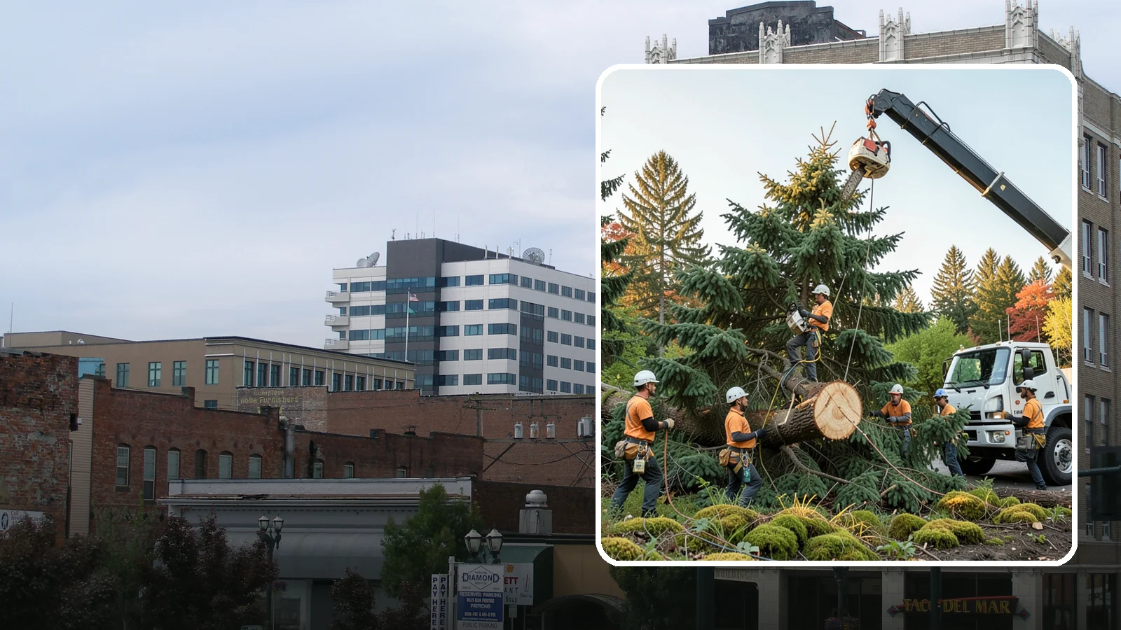 Crane-assisted tree removal in Everett, Snohomish County, WA - The removal of trees using a crane to lift sections clear of obstacles.