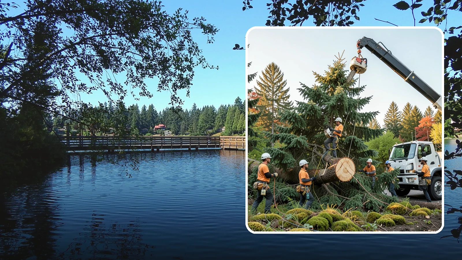 Crane-assisted tree removal in Federal Way, King County, WA - The removal of trees using a crane to lift sections clear of obstacles.