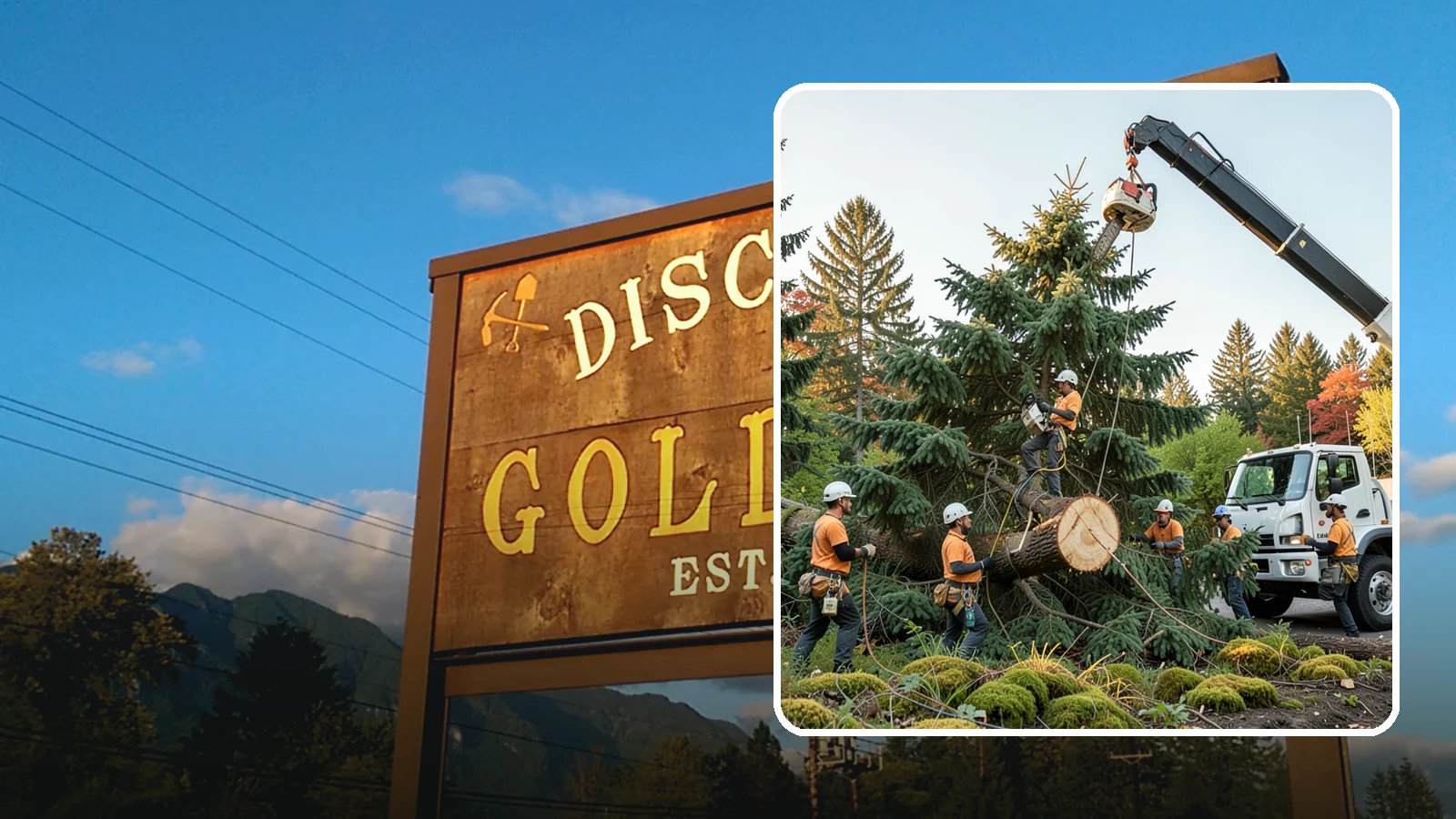Crane-assisted tree removal in Gold Bar, Snohomish County, WA - The removal of trees using a crane to lift sections clear of obstacles.