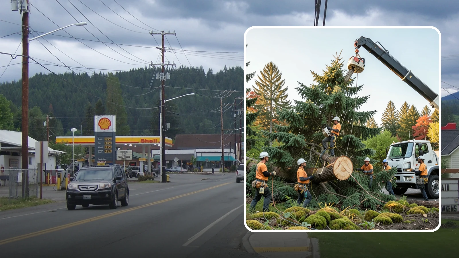 Crane-assisted tree removal in Granite Falls, Snohomish County, WA - The removal of trees using a crane to lift sections clear of obstacles.