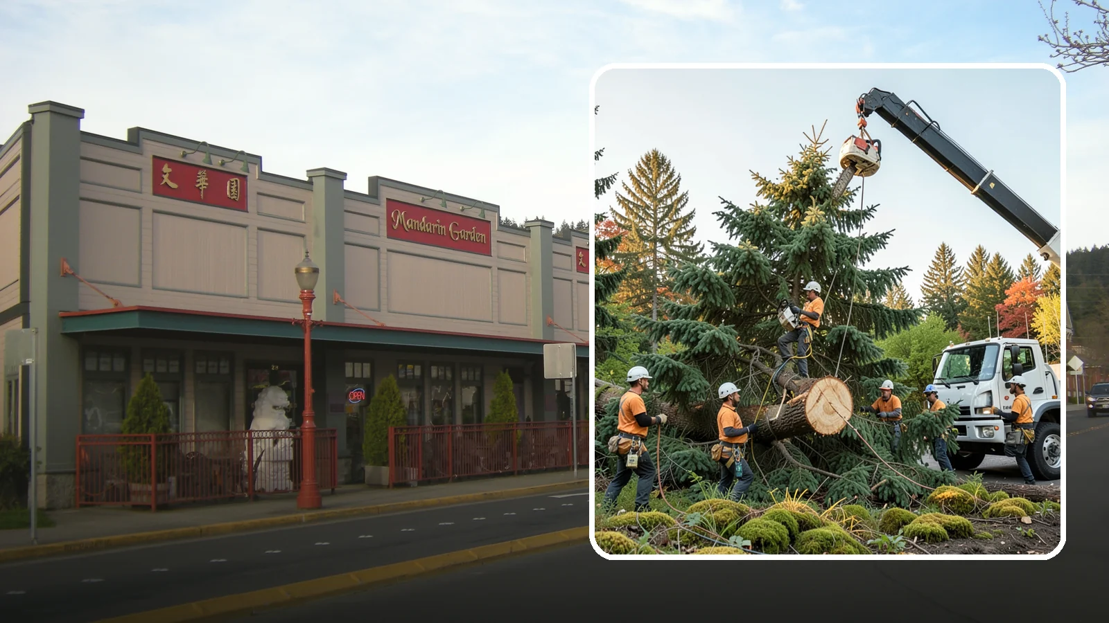 Crane-assisted tree removal in Issaquah, King County, WA - The removal of trees using a crane to lift sections clear of obstacles.