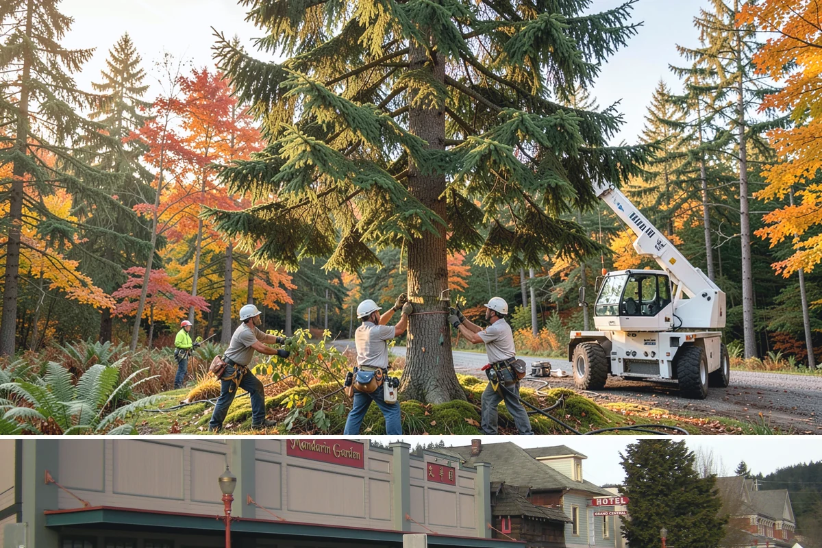 Crane-assisted tree removal in Issaquah, King County, WA - This service can be performed year-round in Puget Sound weather but requires careful planning during wet seasons to manage ground...