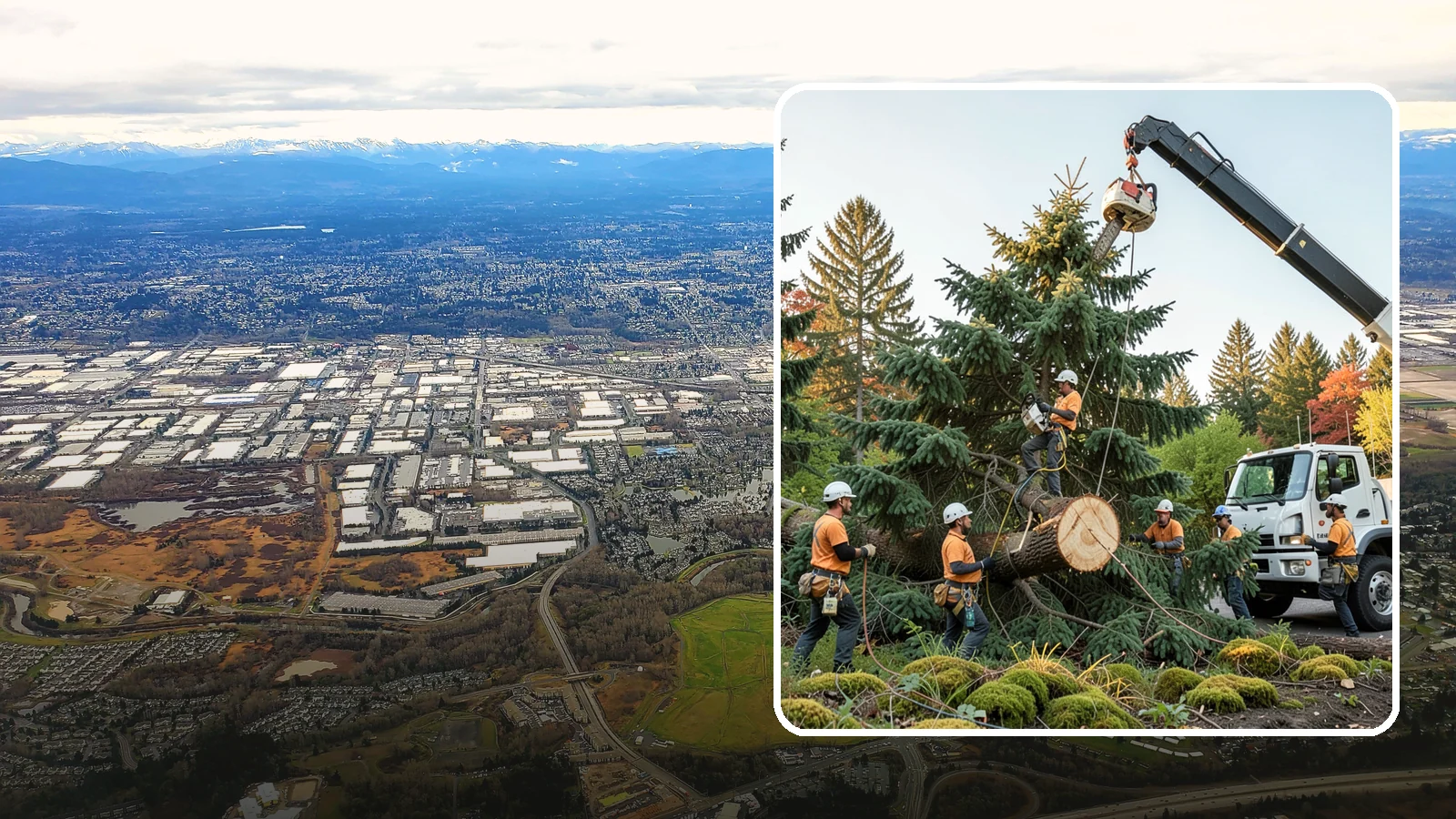 Crane-assisted tree removal in Kent, King County, WA - The removal of trees using a crane to lift sections clear of obstacles.