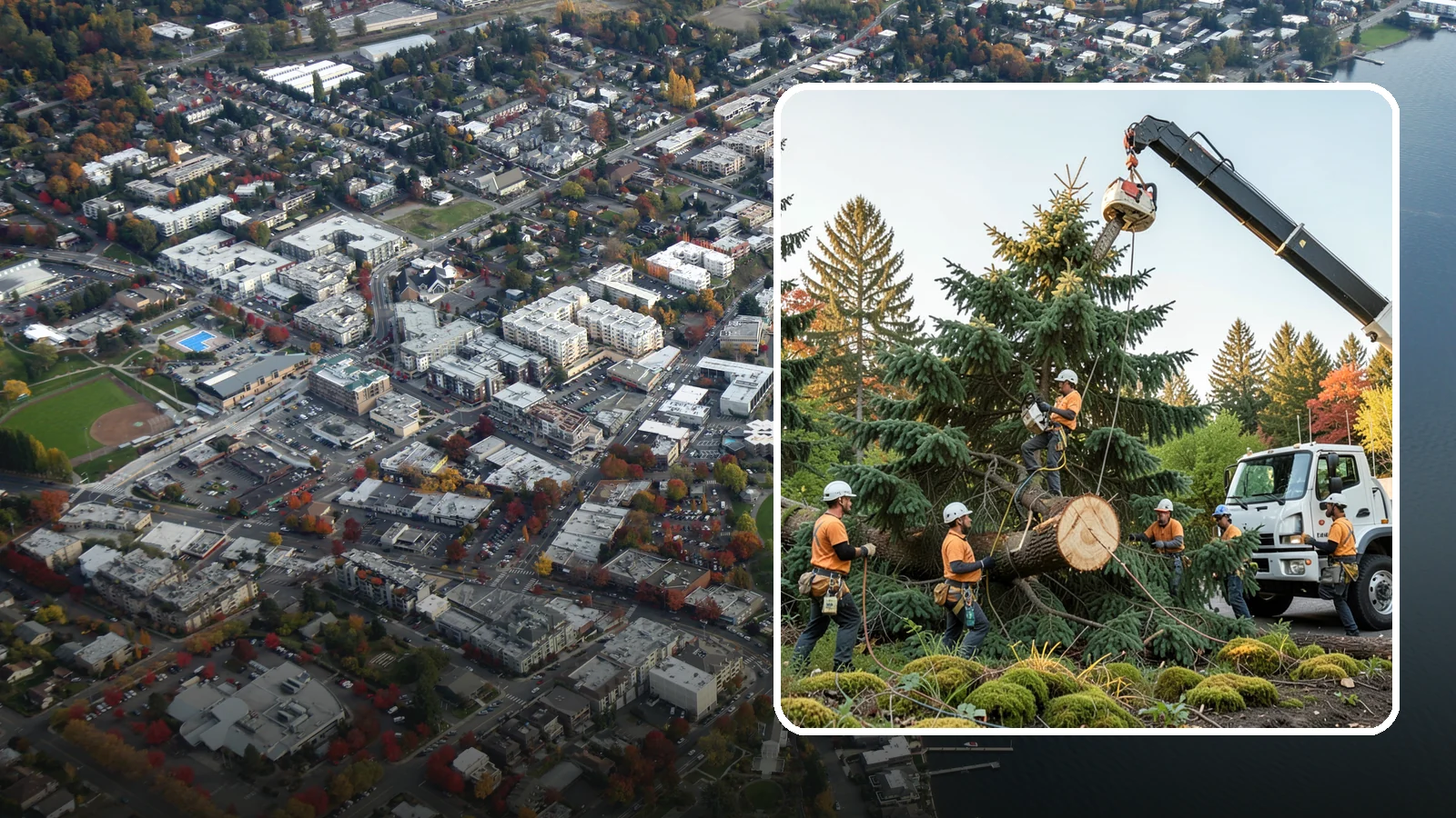 Crane-assisted tree removal in Kirkland, King County, WA - The removal of trees using a crane to lift sections clear of obstacles.