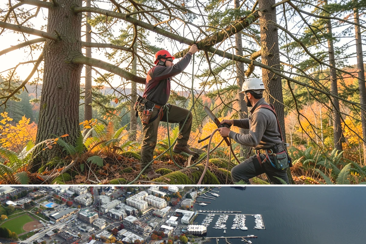 Crane-assisted tree removal in Kirkland, King County, WA - This service can be performed year-round in Puget Sound weather but requires careful planning during wet seasons to manage ground...