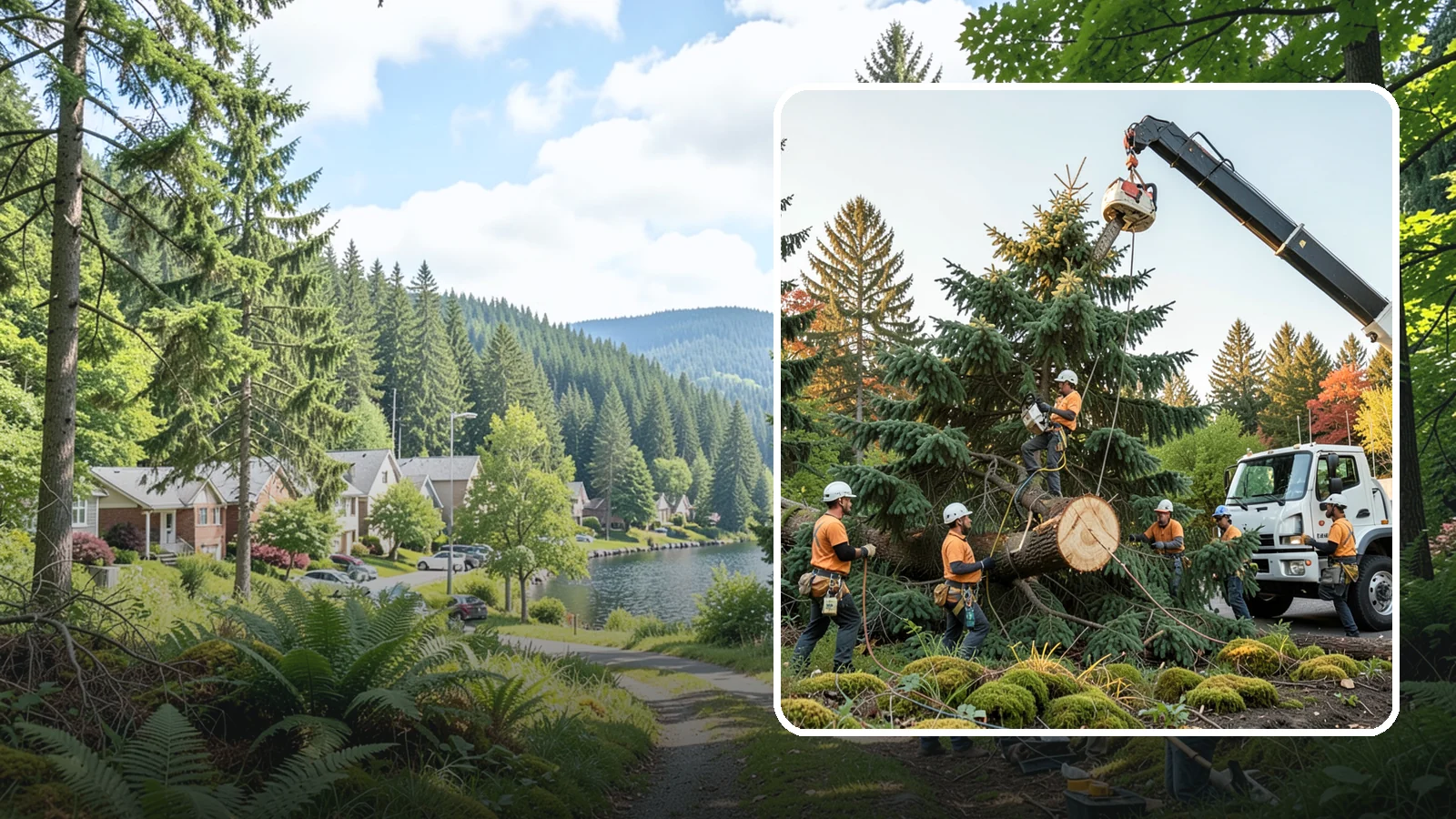 Crane-assisted tree removal in Lake Forest Park, King County, WA - The removal of trees using a crane to lift sections clear of obstacles.