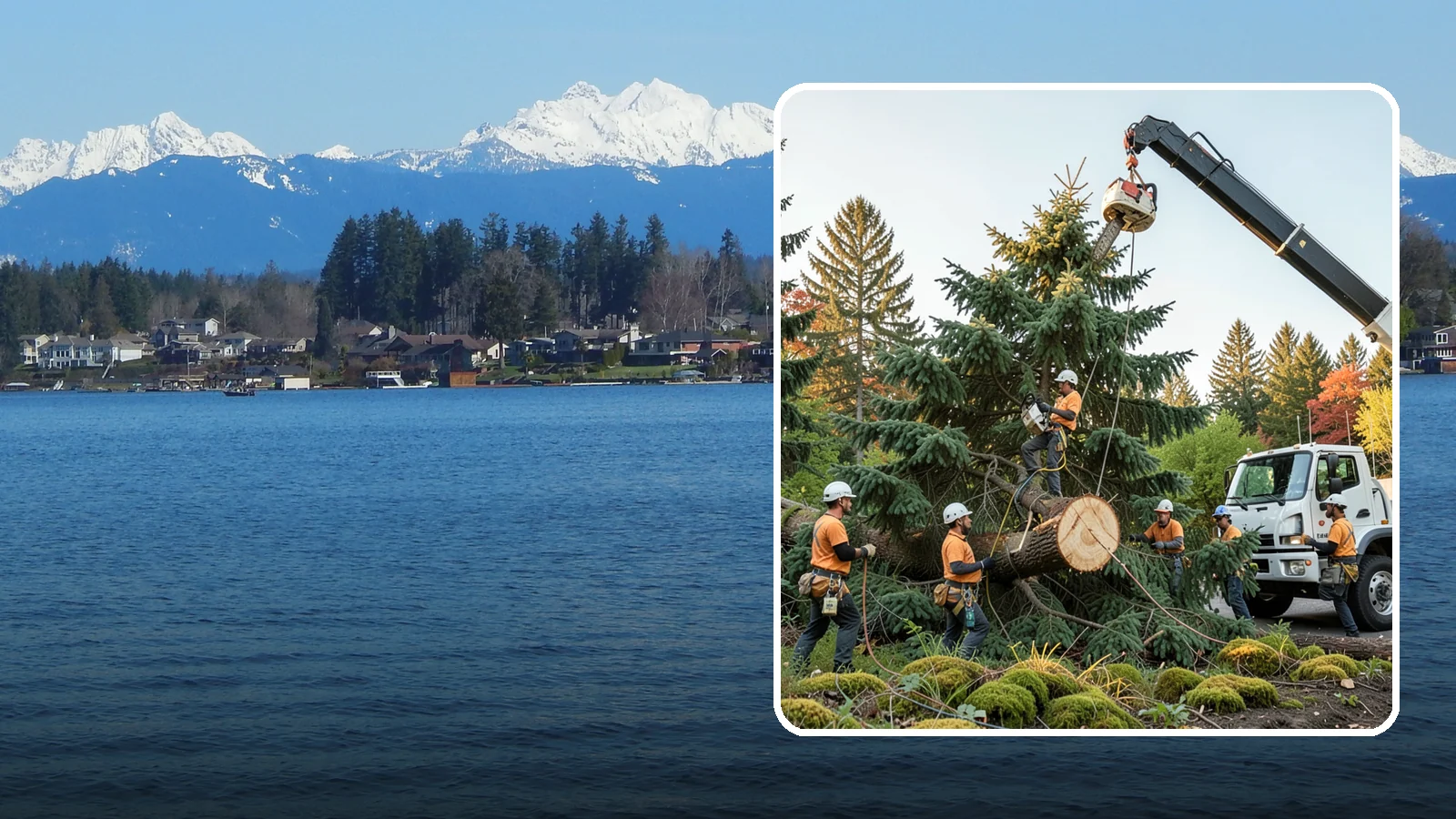 Crane-assisted tree removal in Lake Stevens, Snohomish County, WA - The removal of trees using a crane to lift sections clear of obstacles.