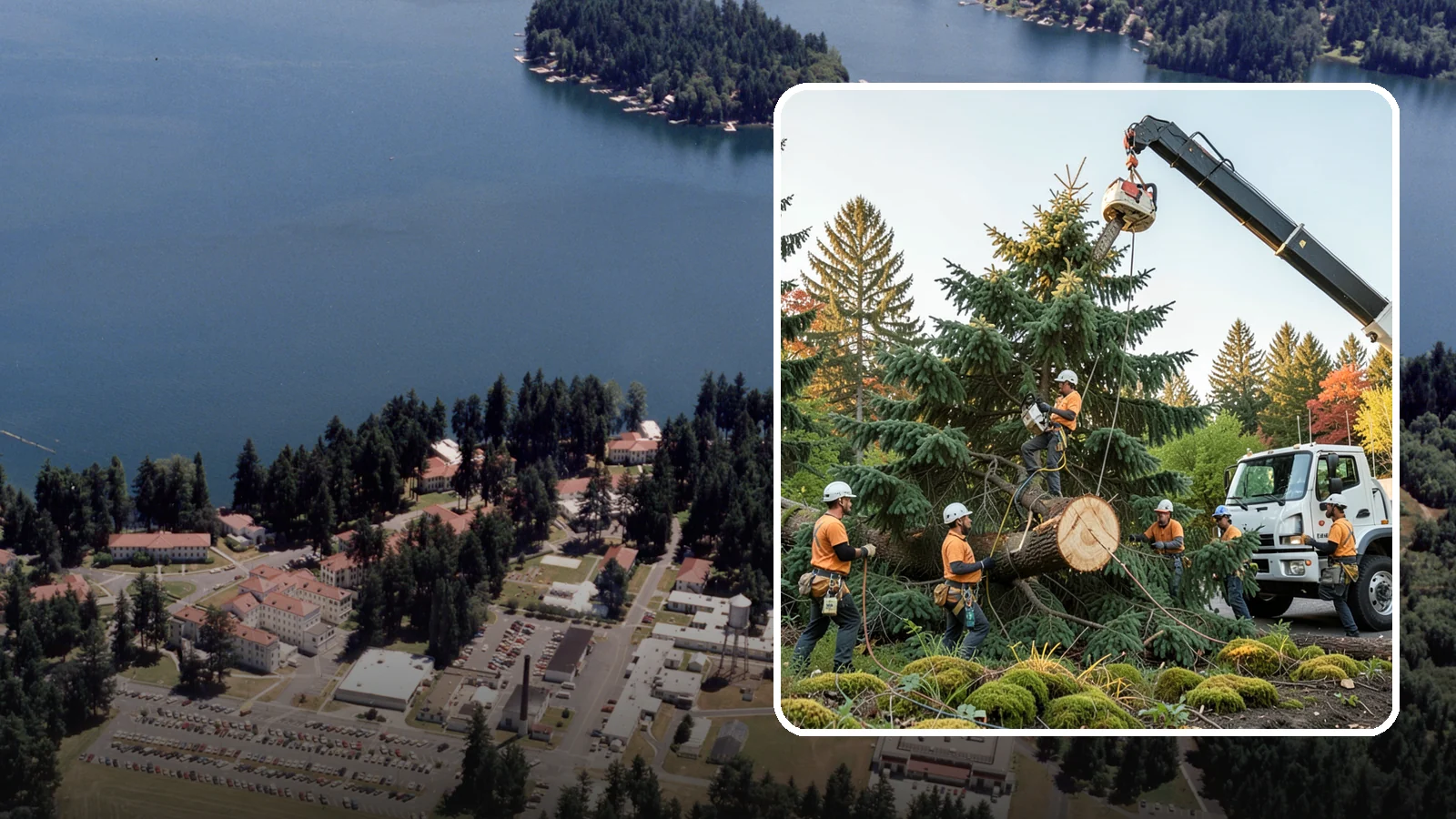 Crane-assisted tree removal in Lakewood, Pierce County, WA - The removal of trees using a crane to lift sections clear of obstacles.