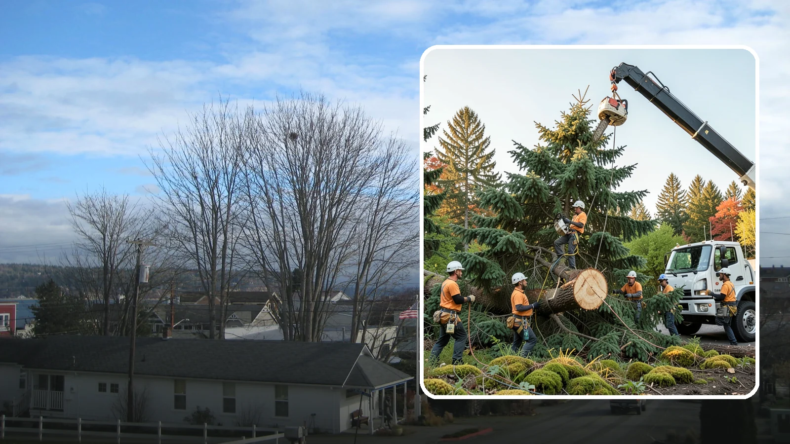 Crane-assisted tree removal in Langley, Island County, WA - The removal of trees using a crane to lift sections clear of obstacles.