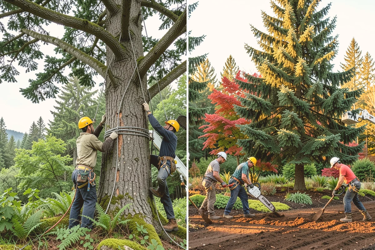 Crane-assisted tree removal in Langley, Island County, WA - On-site assessment and hazard evaluation