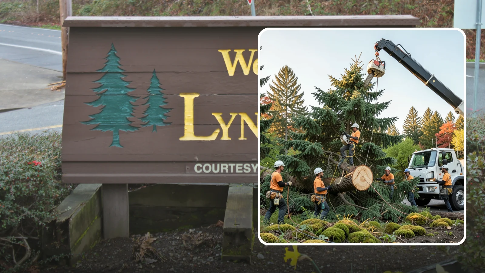 Crane-assisted tree removal in Lynnwood, Snohomish County, WA - The removal of trees using a crane to lift sections clear of obstacles.