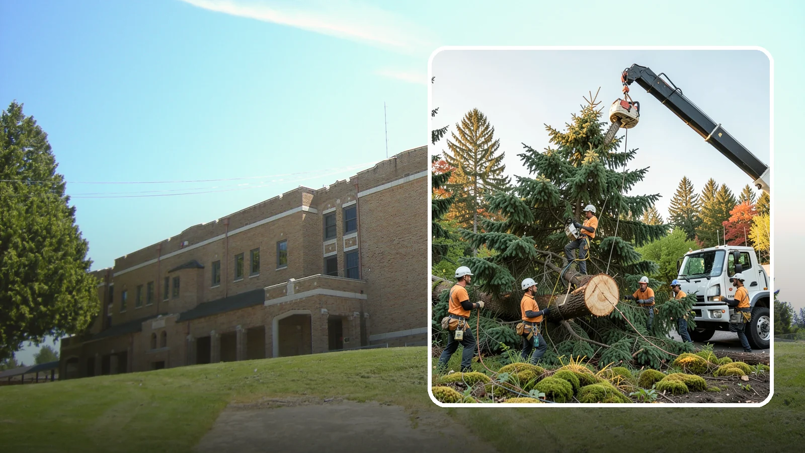 Crane-assisted tree removal in Maple Valley, King County, WA - The removal of trees using a crane to lift sections clear of obstacles.