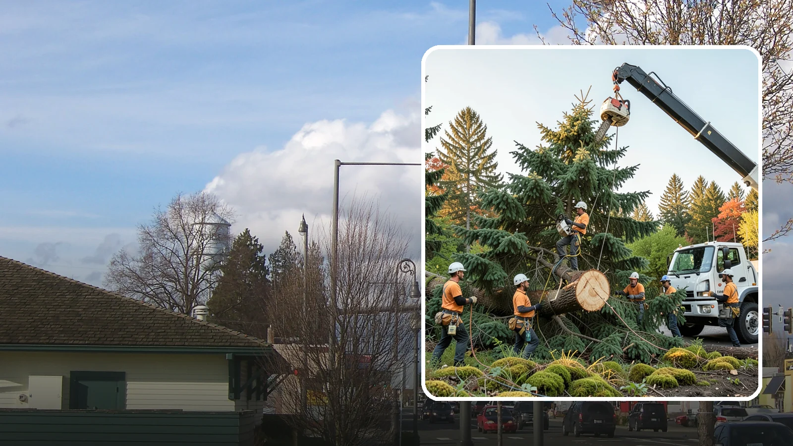 Crane-assisted tree removal in Marysville, Snohomish County, WA - The removal of trees using a crane to lift sections clear of obstacles.