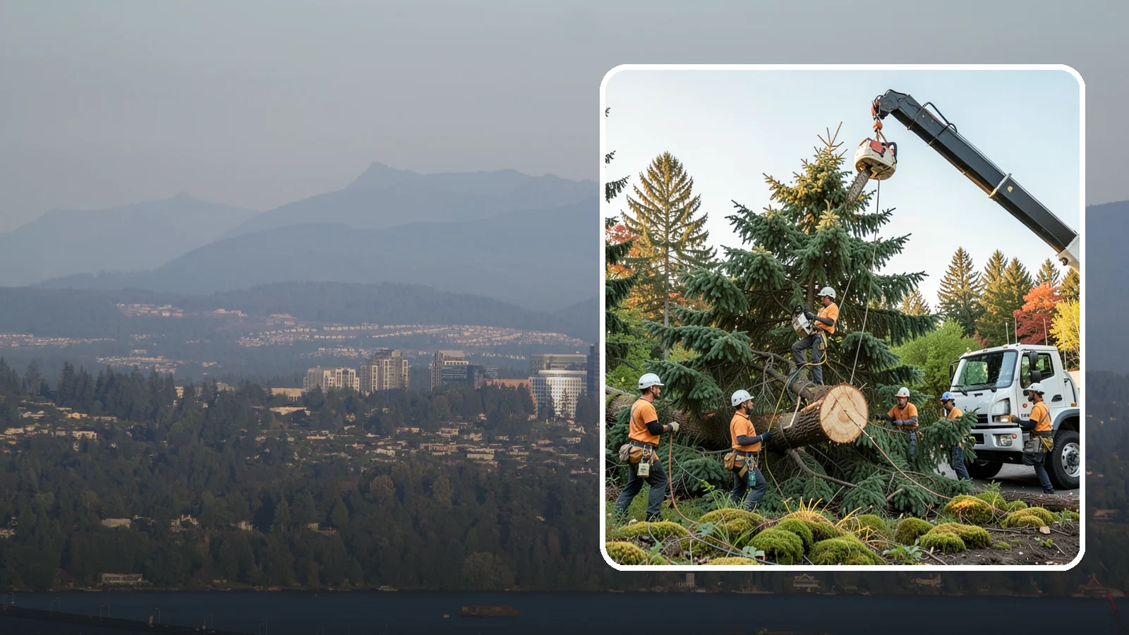 Crane-assisted tree removal in Medina, King County, WA - The removal of trees using a crane to lift sections clear of obstacles.