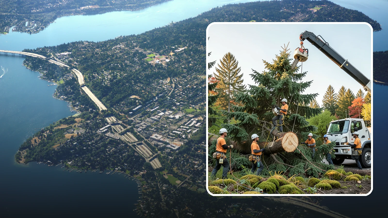Crane-assisted tree removal in Mercer Island, King County, WA - The removal of trees using a crane to lift sections clear of obstacles.