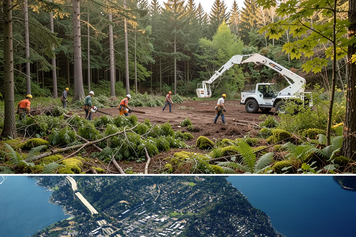 Crane-assisted tree removal in Mercer Island, King County, WA - This service can be performed year-round in Puget Sound weather but requires careful planning during wet seasons to manage ground...