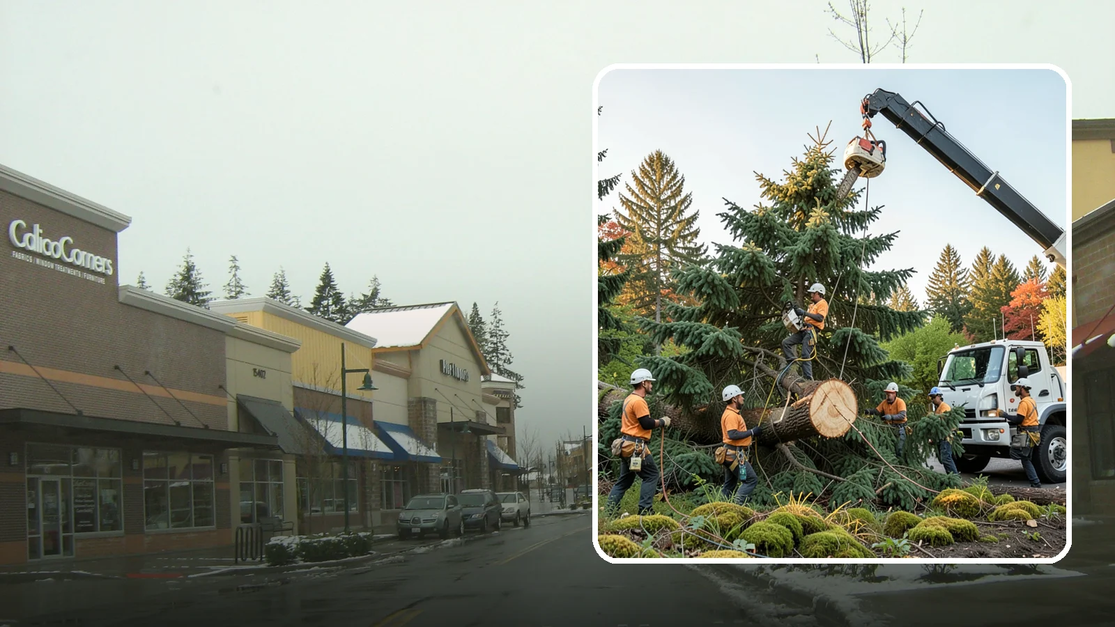 Crane-assisted tree removal in Mill Creek, Snohomish County, WA - The removal of trees using a crane to lift sections clear of obstacles.