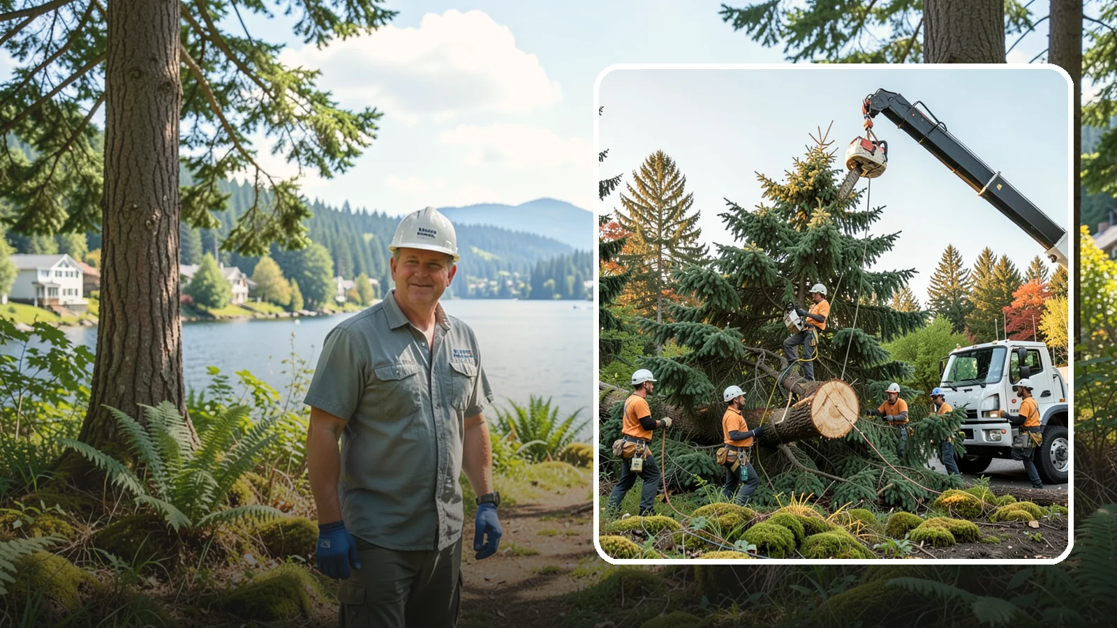 Crane-assisted tree removal in Milton, King County, WA - The removal of trees using a crane to lift sections clear of obstacles.