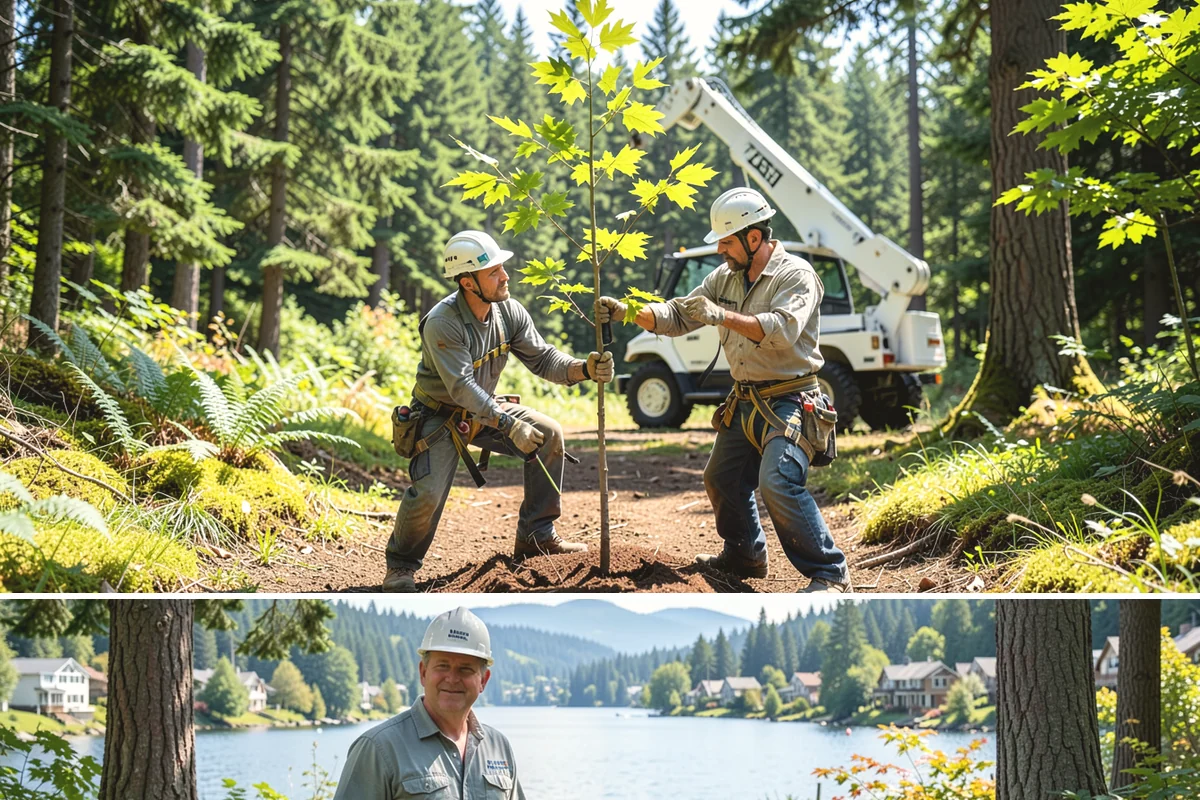 Crane-assisted tree removal in Milton, King County, WA - This service can be performed year-round in Puget Sound weather but requires careful planning during wet seasons to manage ground...