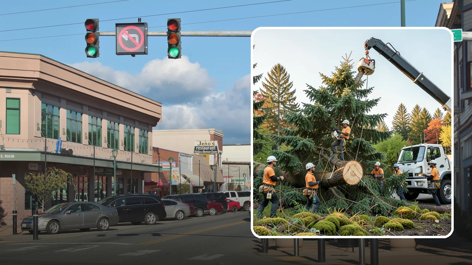 Crane-assisted tree removal in Monroe, Snohomish County, WA - The removal of trees using a crane to lift sections clear of obstacles.