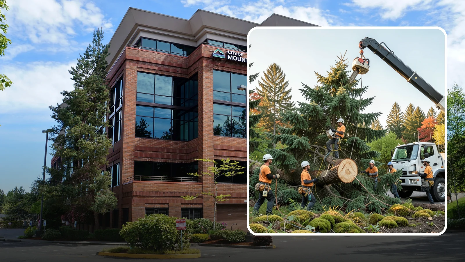 Crane-assisted tree removal in Mountlake Terrace, Snohomish County, WA - The removal of trees using a crane to lift sections clear of obstacles.