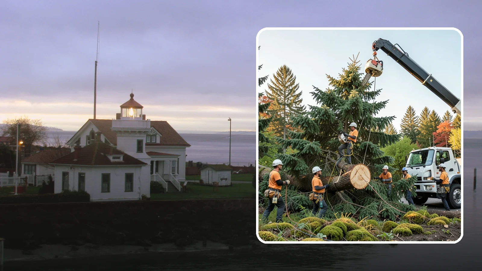 Crane-assisted tree removal in Mukilteo, Snohomish County, WA - The removal of trees using a crane to lift sections clear of obstacles.
