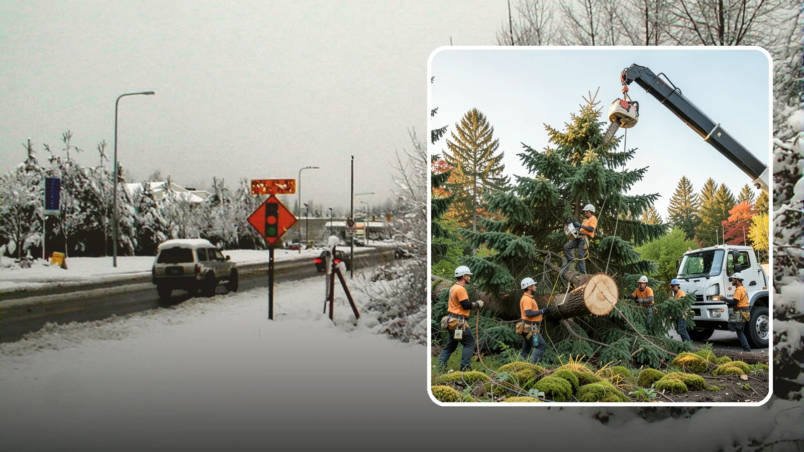 Crane-assisted tree removal in Newcastle, King County, WA - The removal of trees using a crane to lift sections clear of obstacles.