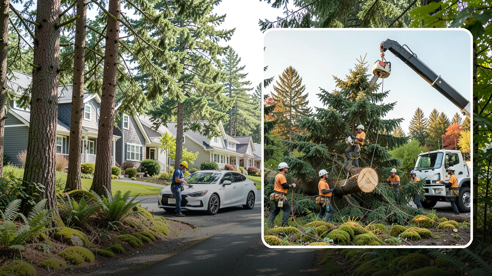 Crane-assisted tree removal in Normandy Park, King County, WA - The removal of trees using a crane to lift sections clear of obstacles.