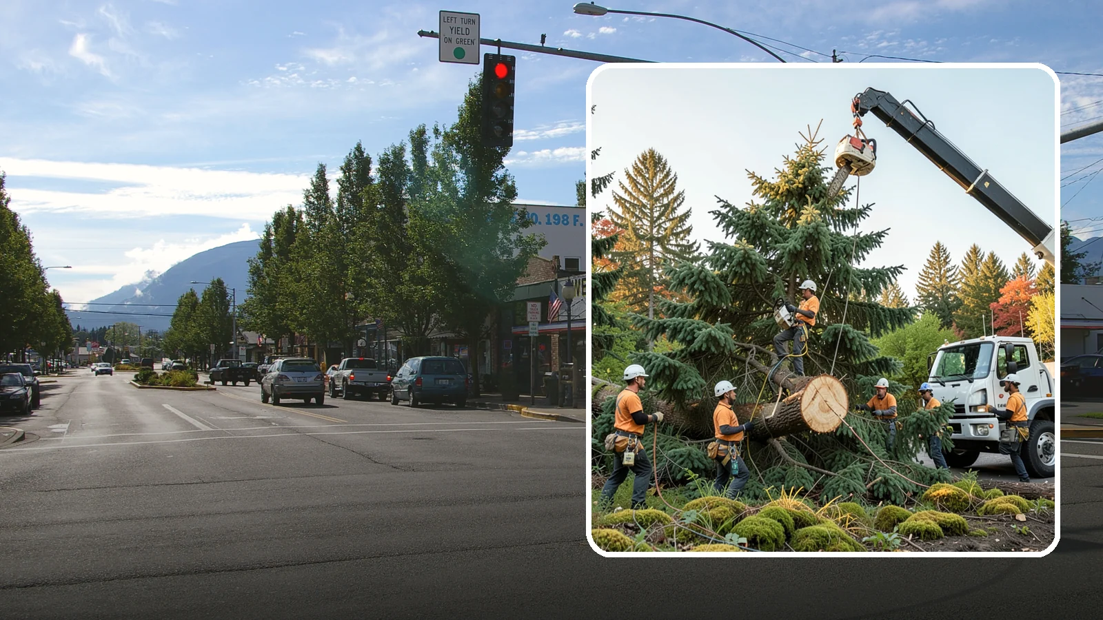 Crane-assisted tree removal in North Bend, King County, WA - The removal of trees using a crane to lift sections clear of obstacles.