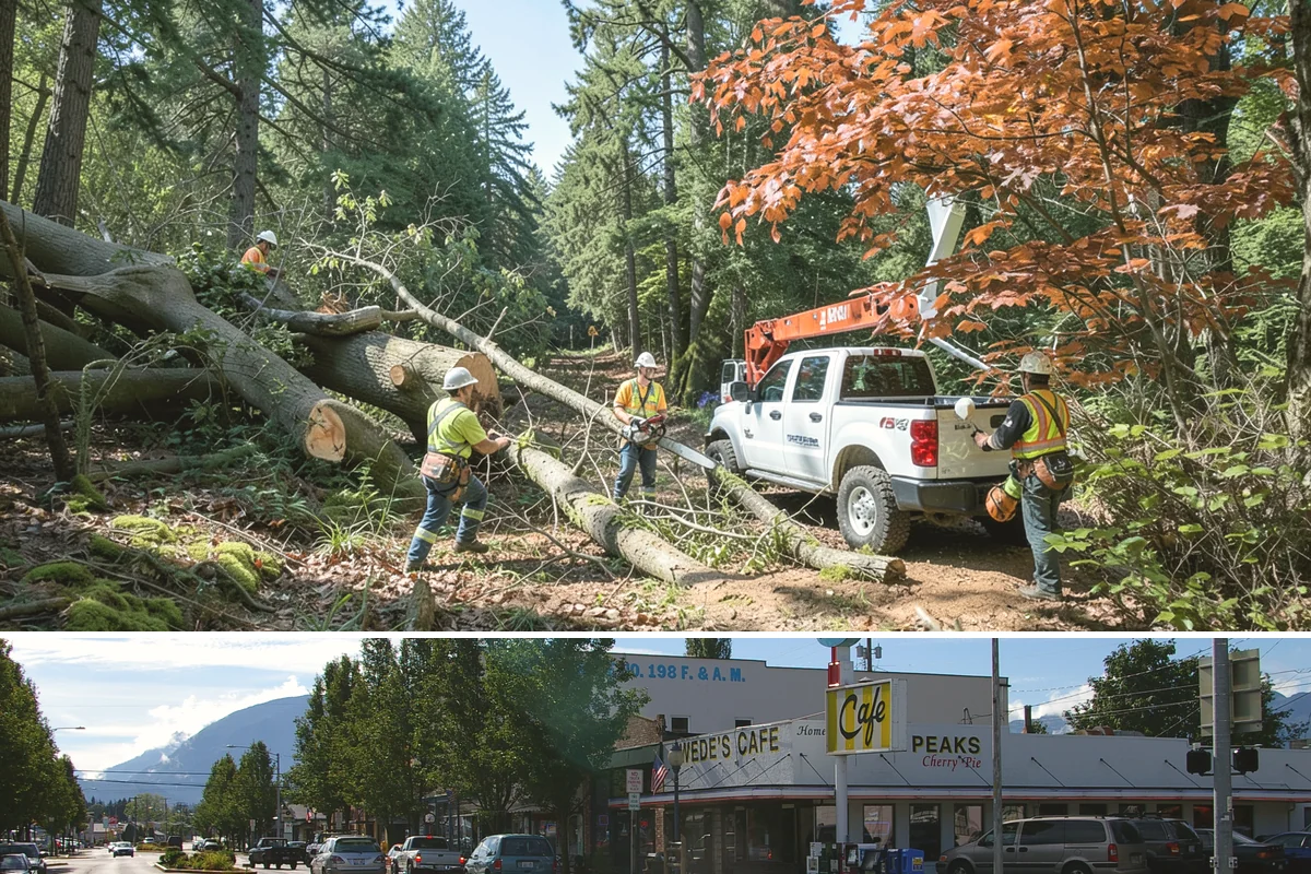 Crane-assisted tree removal in North Bend, King County, WA - This service can be performed year-round in Puget Sound weather but requires careful planning during wet seasons to manage ground...