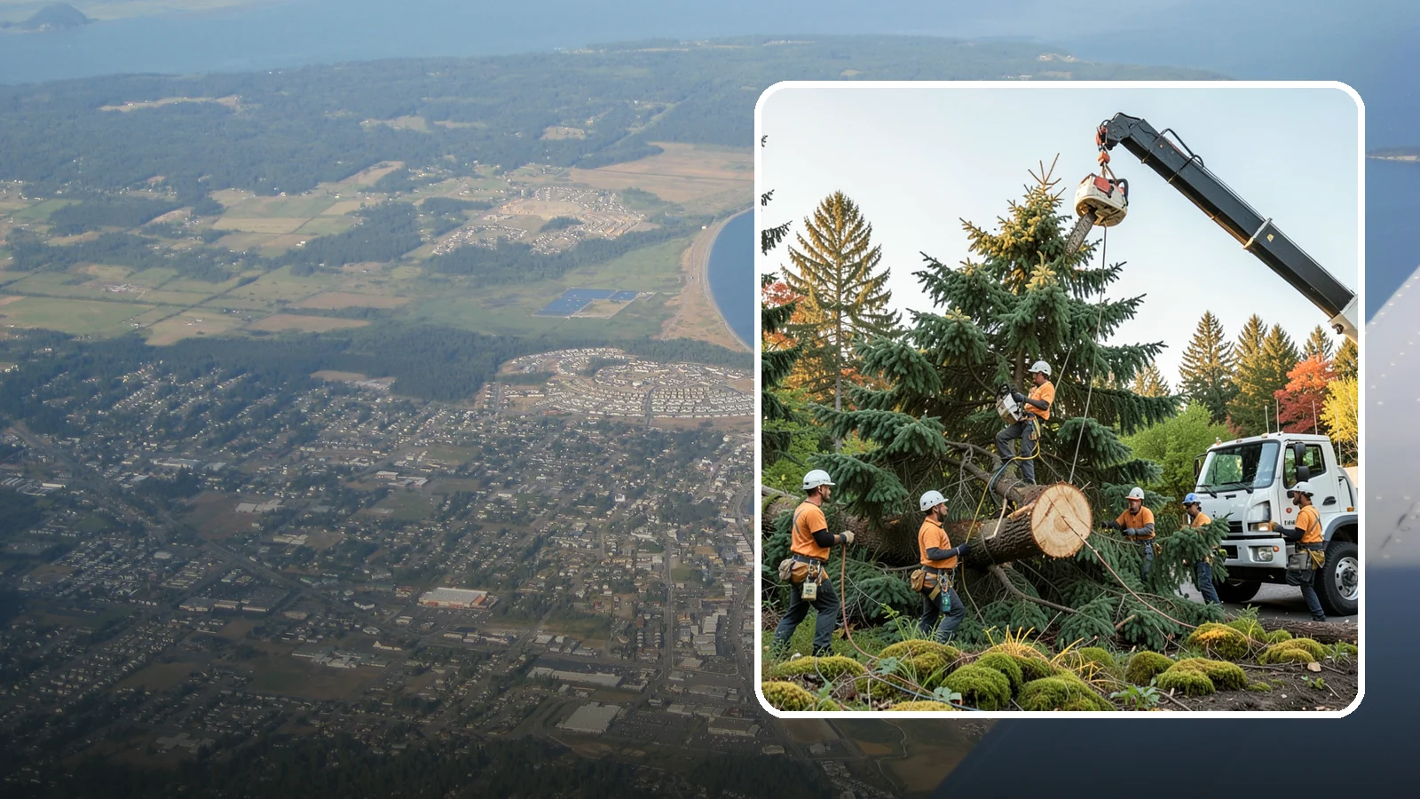 Crane-assisted tree removal in Oak Harbor, Island County, WA - The removal of trees using a crane to lift sections clear of obstacles.