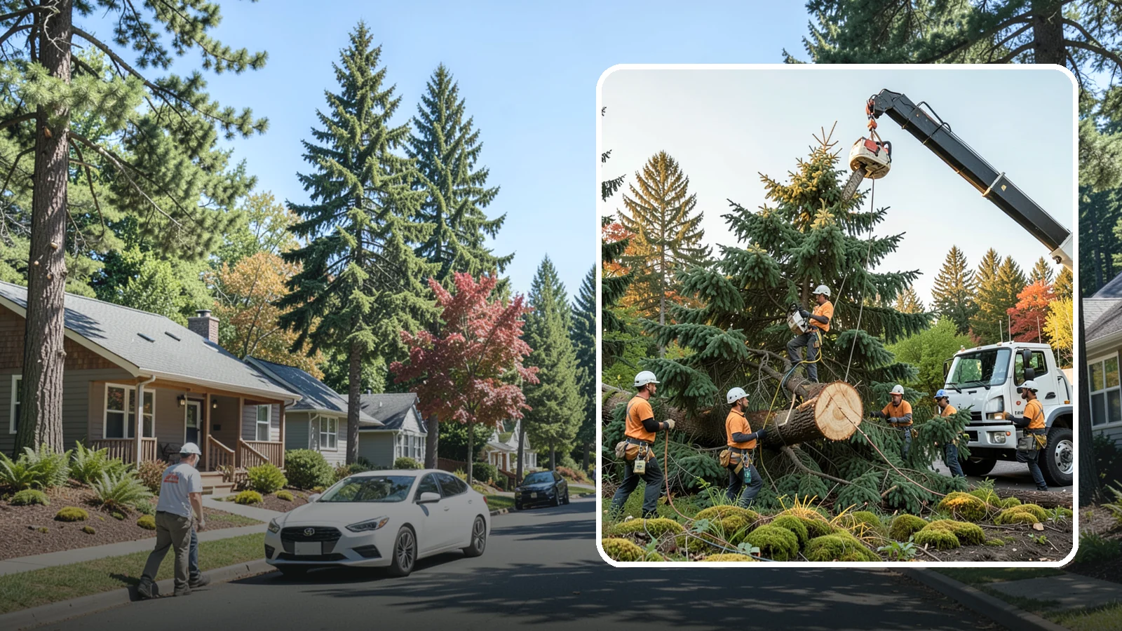 Crane-assisted tree removal in Orting, Pierce County, WA - The removal of trees using a crane to lift sections clear of obstacles.