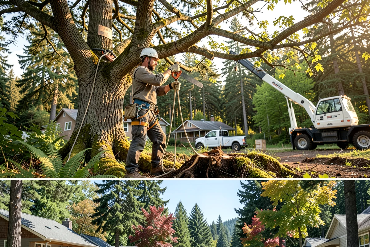 Crane-assisted tree removal in Orting, Pierce County, WA - This service can be performed year-round in Puget Sound weather but requires careful planning during wet seasons to manage ground...