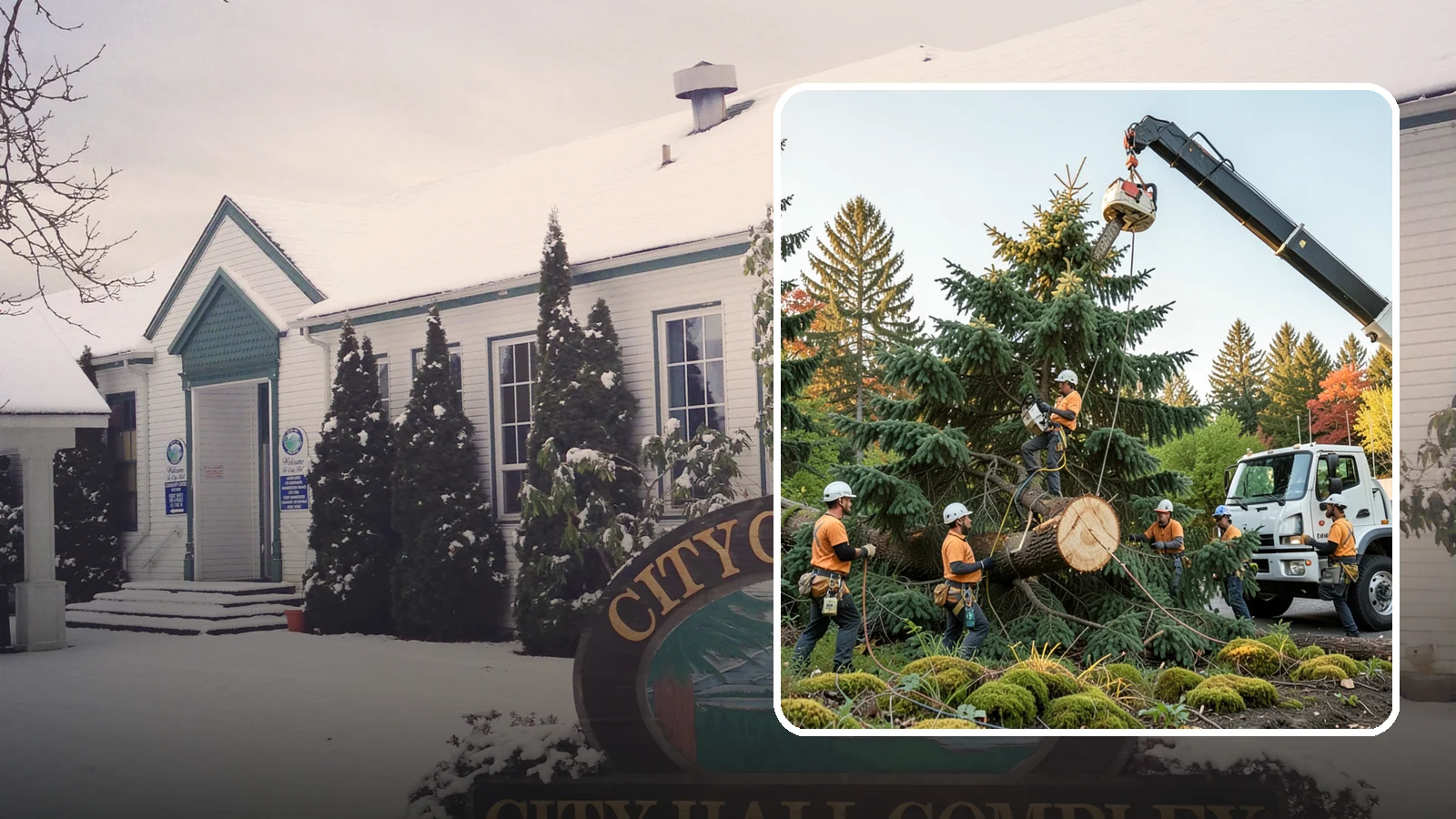 Crane-assisted tree removal in Pacific, King County, WA - The removal of trees using a crane to lift sections clear of obstacles.