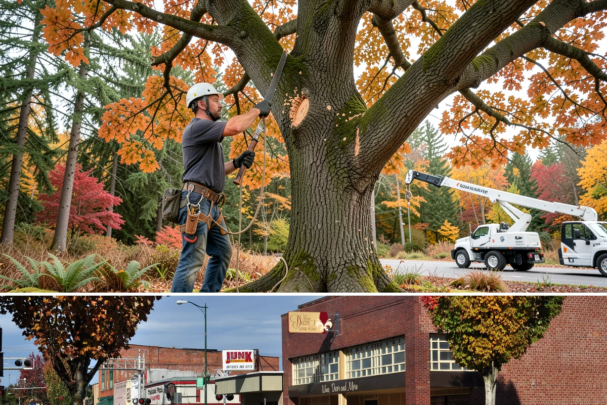 Crane-assisted tree removal in Puyallup, Pierce County, WA - This service can be performed year-round in Puget Sound weather but requires careful planning during wet seasons to manage ground...