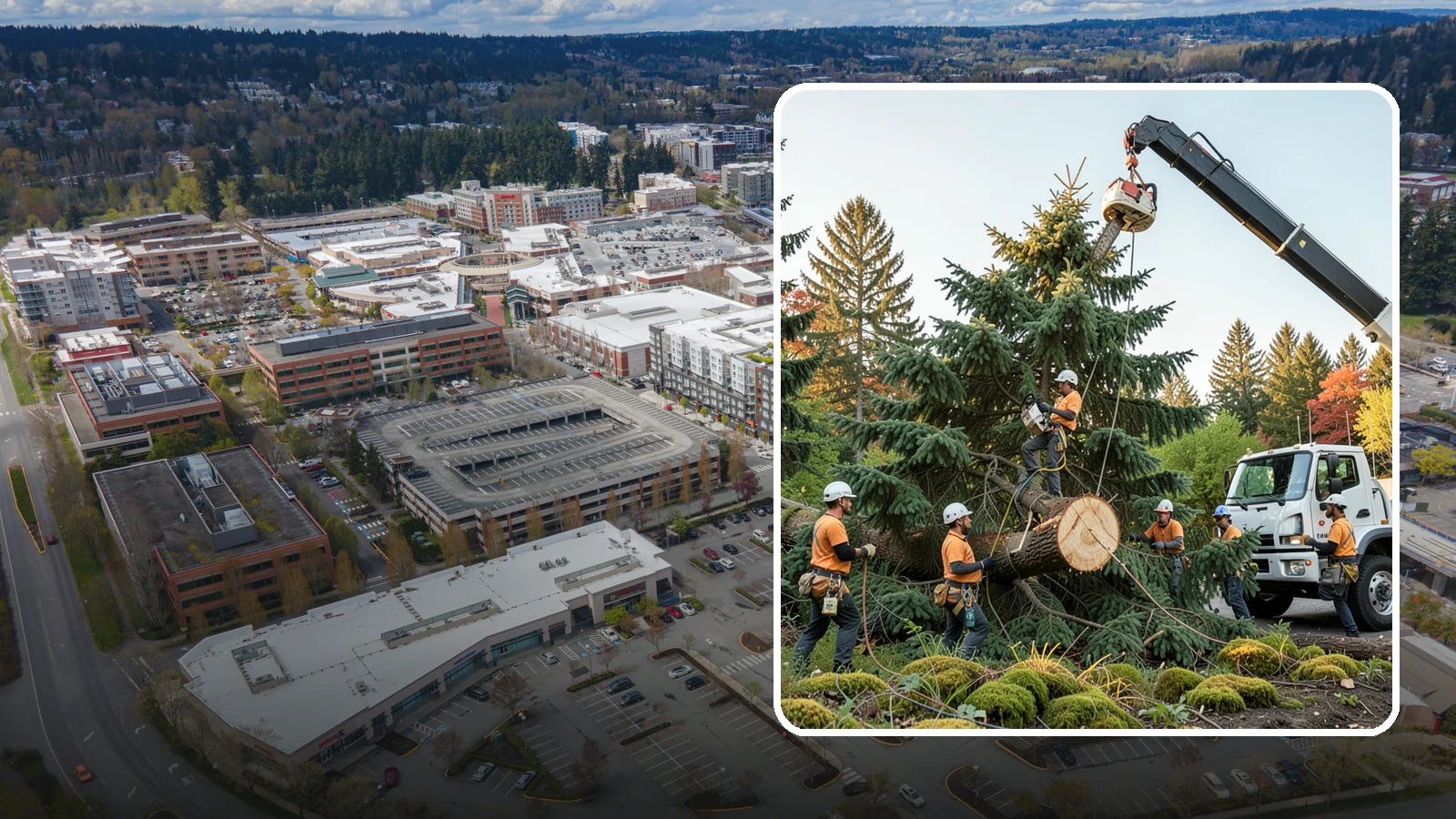 Crane-assisted tree removal in Redmond, King County, WA - The removal of trees using a crane to lift sections clear of obstacles.