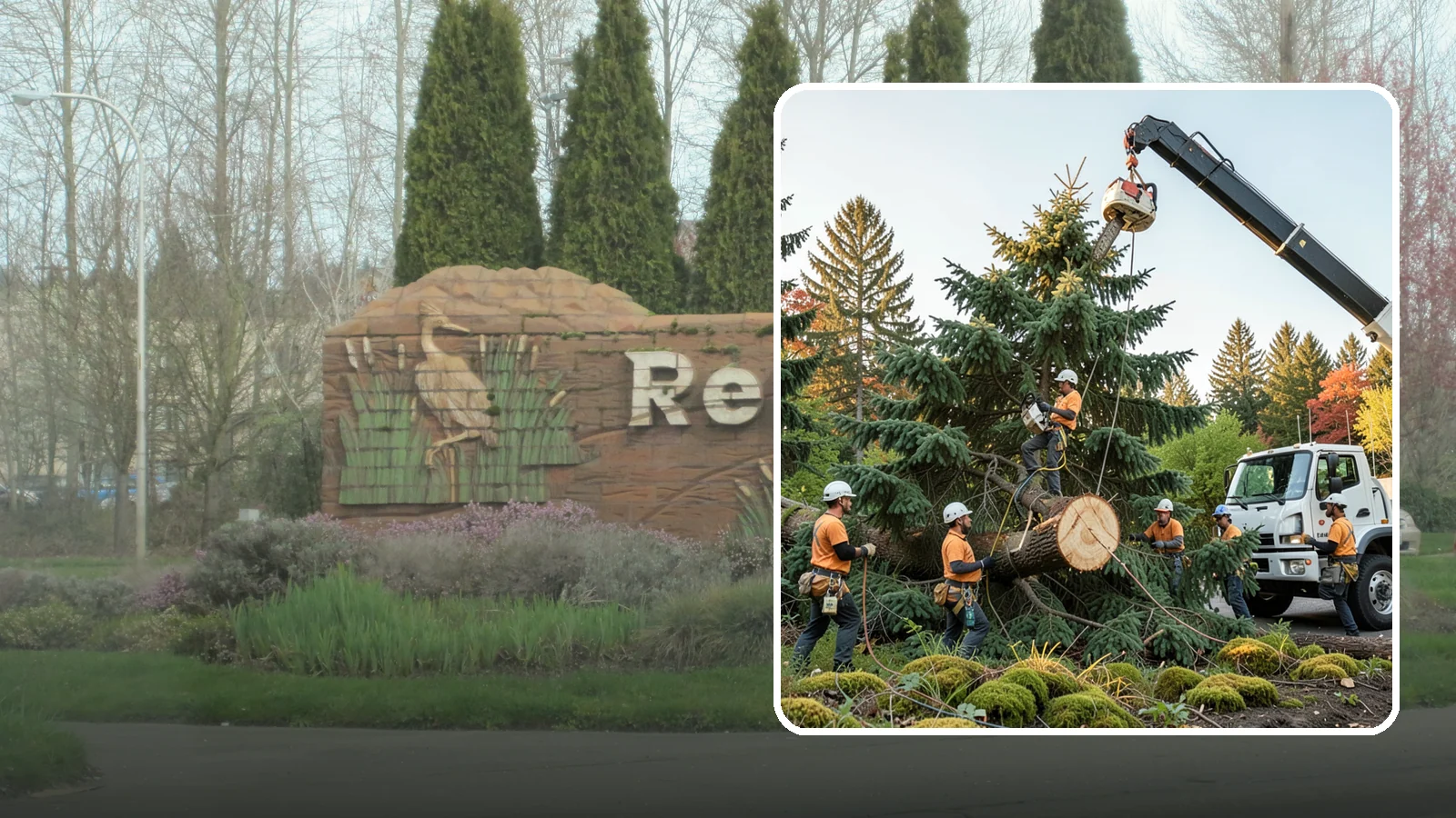 Crane-assisted tree removal in Renton, King County, WA - The removal of trees using a crane to lift sections clear of obstacles.