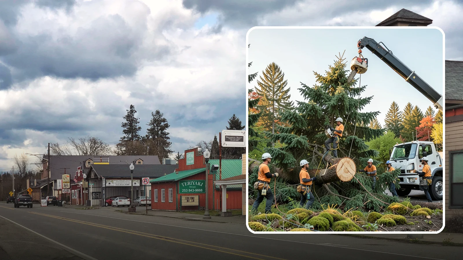 Crane-assisted tree removal in Roy, Pierce County, WA - The removal of trees using a crane to lift sections clear of obstacles.