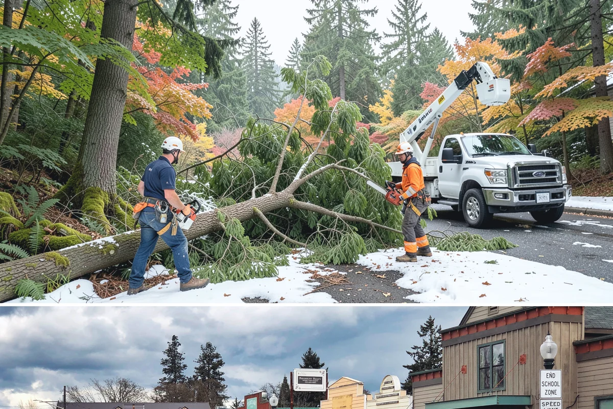 Crane-assisted tree removal in Roy, Pierce County, WA - This service can be performed year-round in Puget Sound weather but requires careful planning during wet seasons to manage ground...