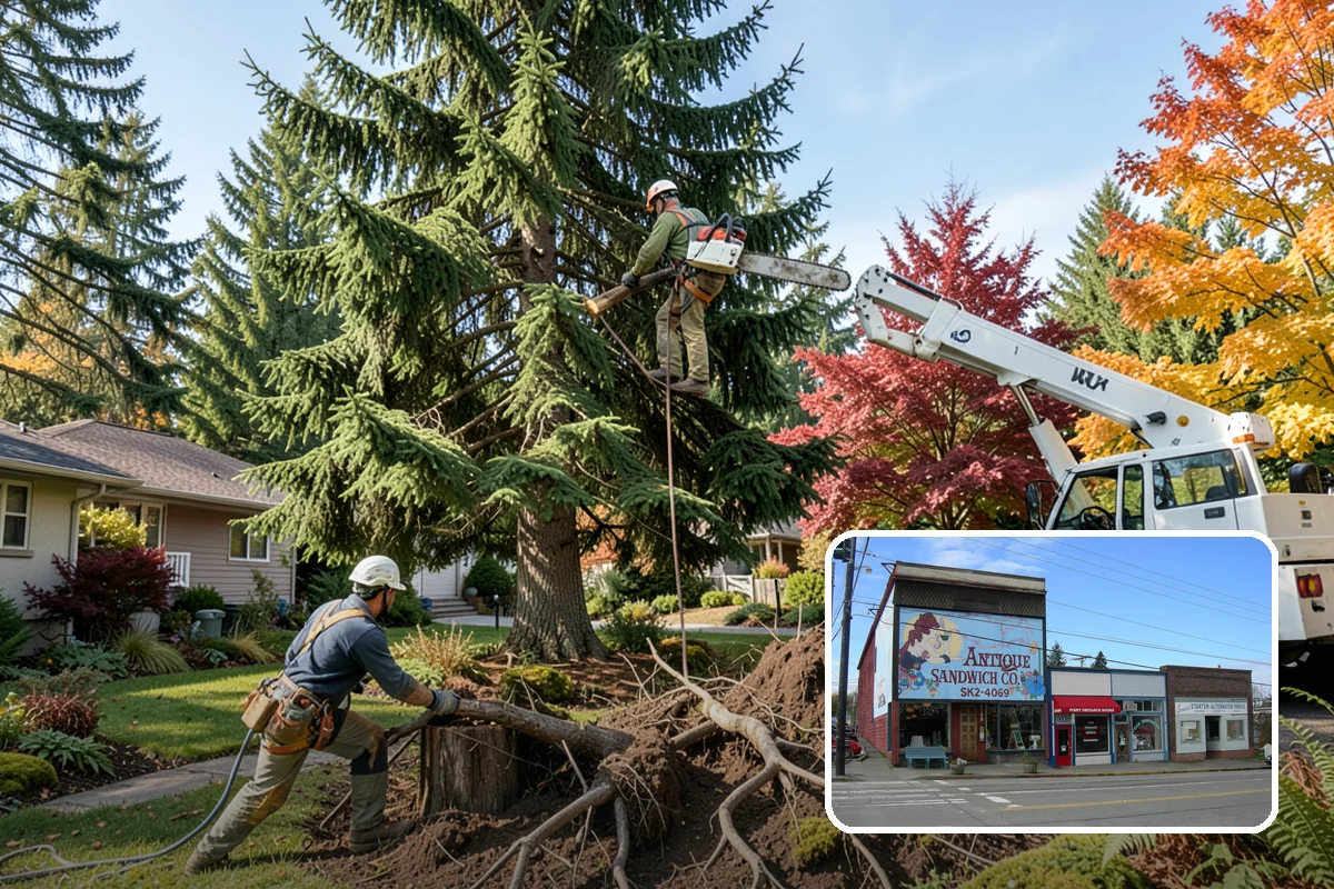 Crane-assisted tree removal in Ruston, Pierce County, WA - Removes safety hazards and reduces liability