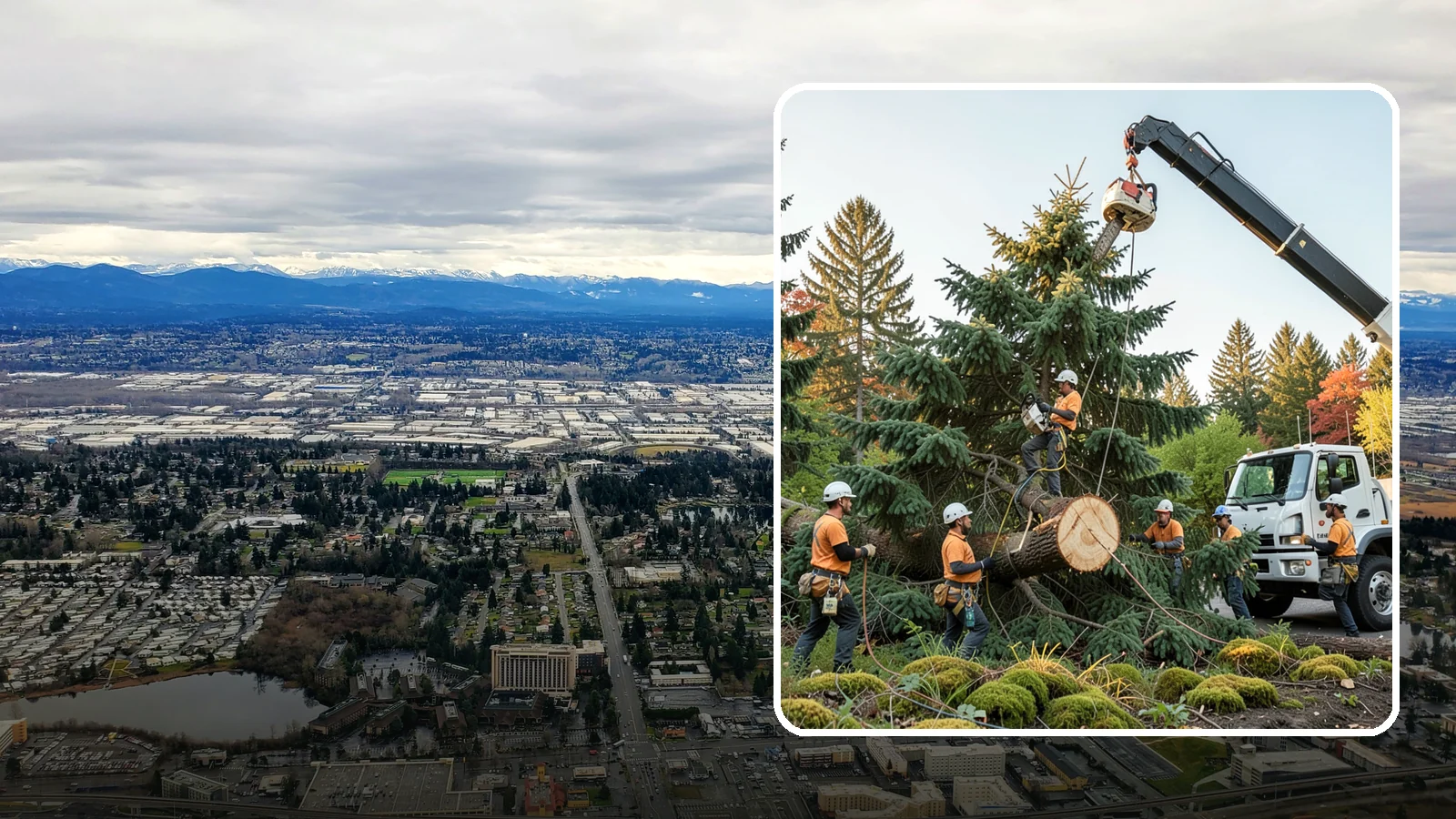 Crane-assisted tree removal in SeaTac, King County, WA - The removal of trees using a crane to lift sections clear of obstacles.