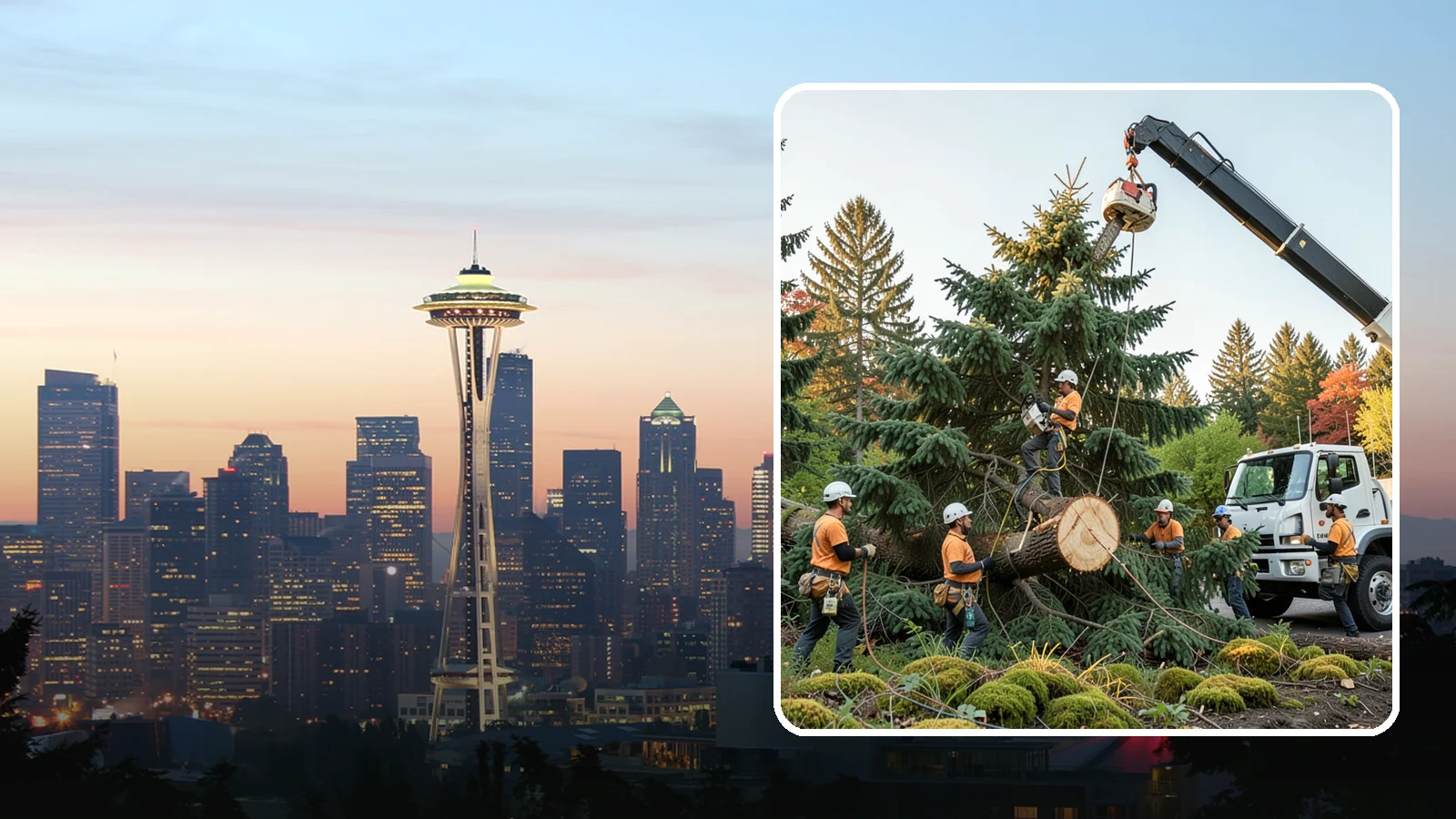 Crane-assisted tree removal in Seattle, King County, WA - The removal of trees using a crane to lift sections clear of obstacles.