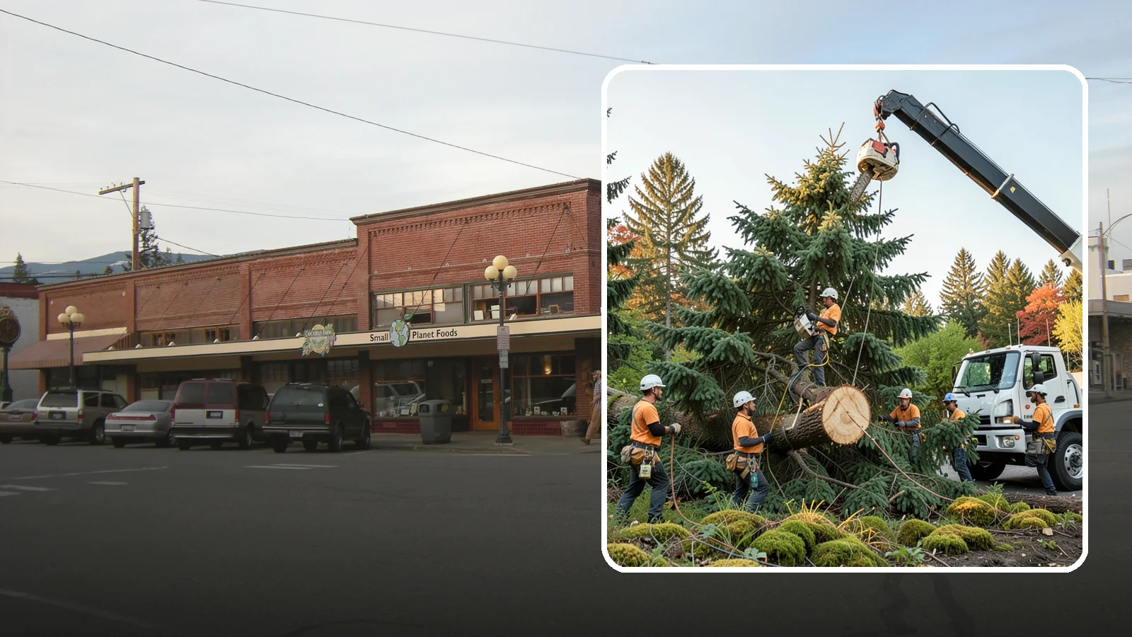 Crane-assisted tree removal in Sedro-Woolley, Skagit County, WA - The removal of trees using a crane to lift sections clear of obstacles.