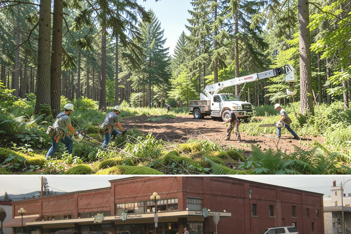 Crane-assisted tree removal in Sedro-Woolley, Skagit County, WA - This service can be performed year-round in Puget Sound weather but requires careful planning during wet seasons to manage ground...